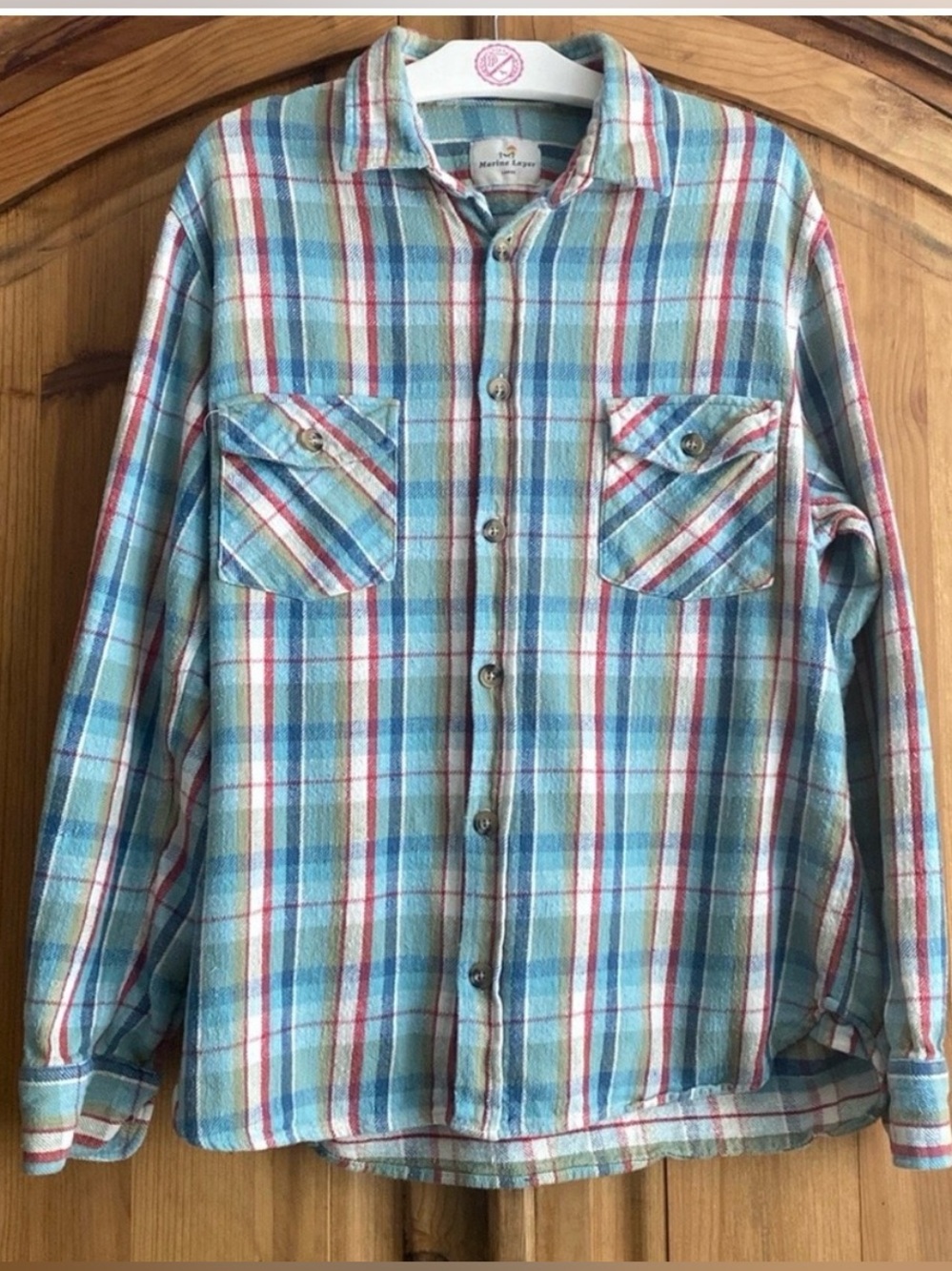 Marine Layer Light Blue and Cream Plaid Button-Down Shirt